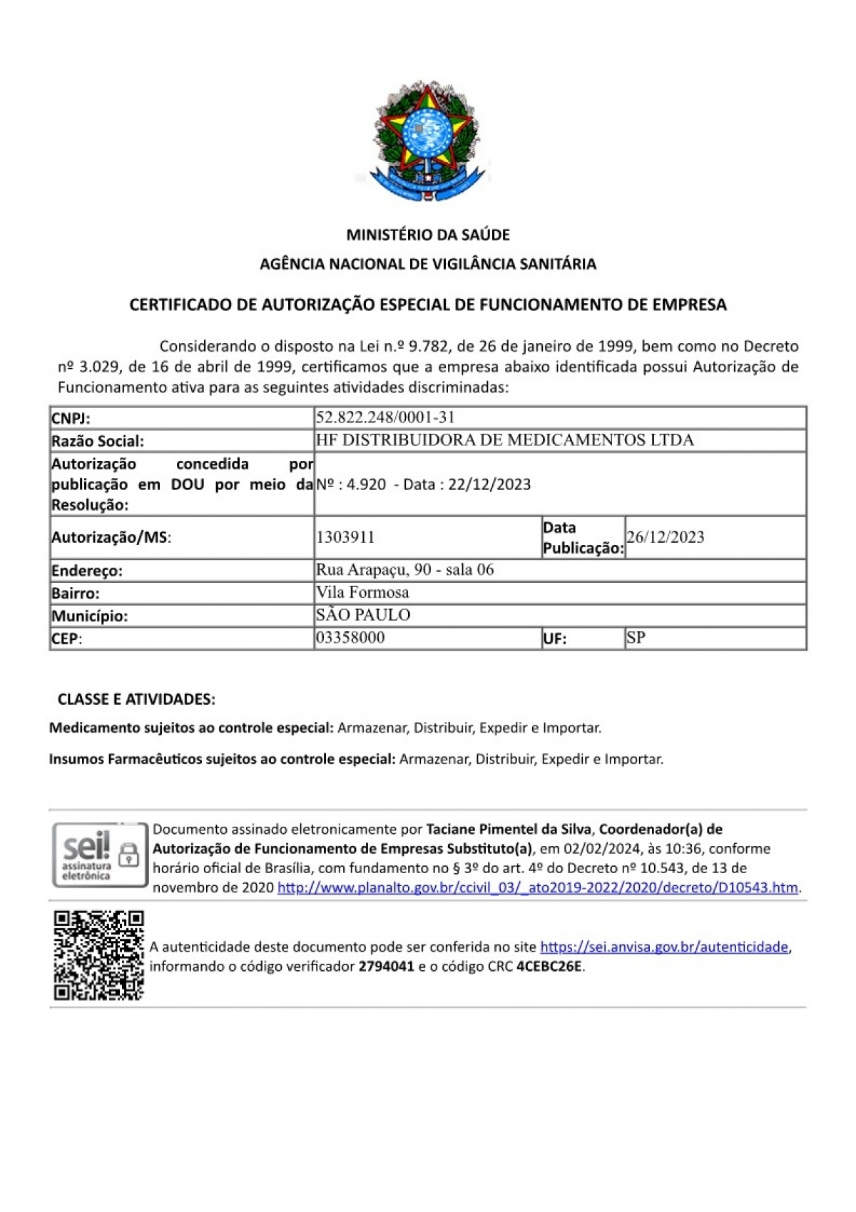 Distribuidora de Medicamentos AFE, AE, CRF, RADAR.